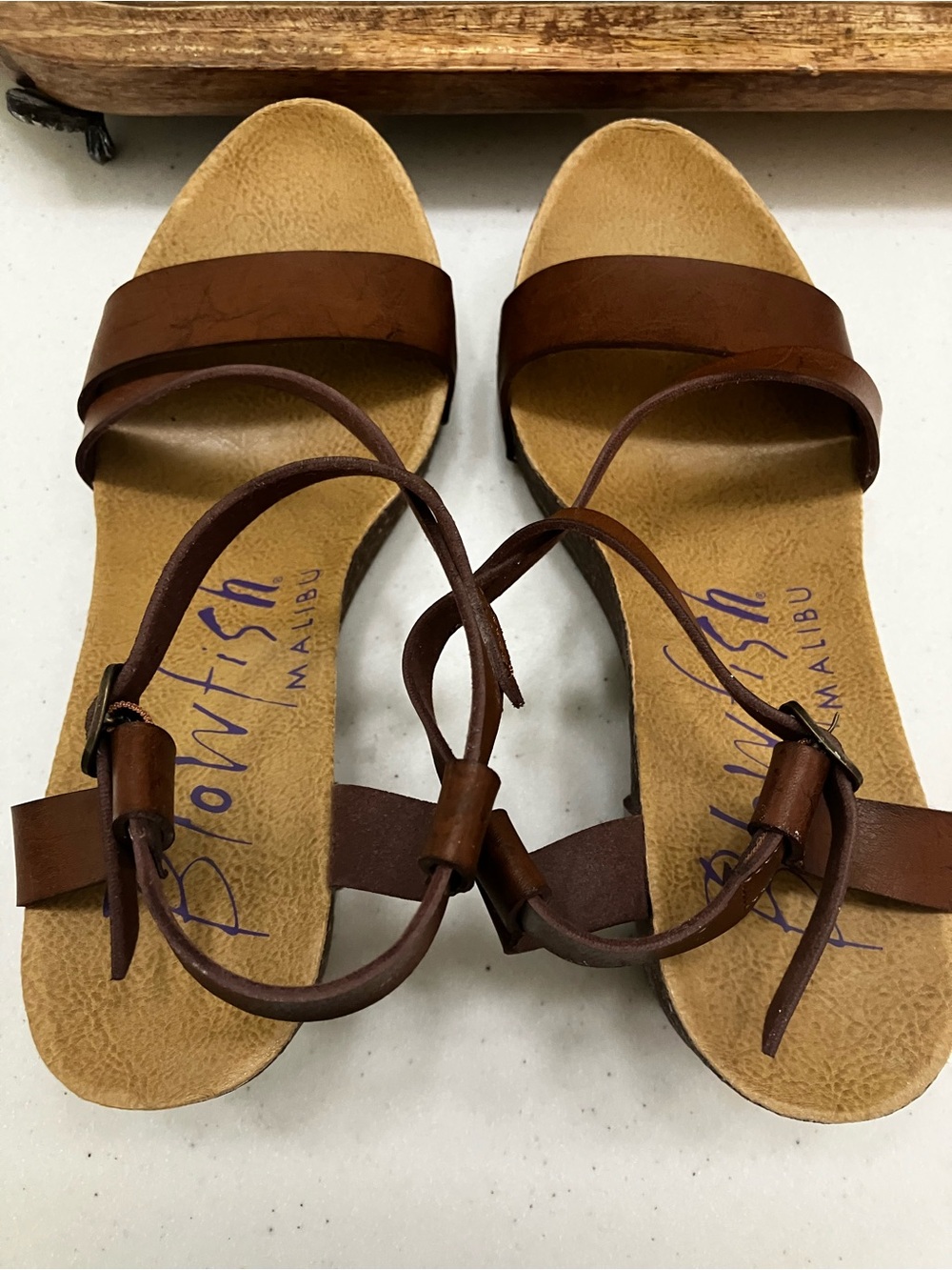Blowfish Malibu Brown Platform Wedge Sandals Size 8 Boho Ankle Strap Cork Look - Picture 7 of 12
